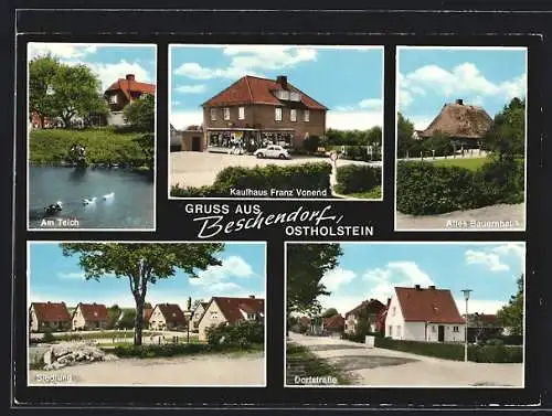 AK Beschendorf /Ostholstein, Kaufhaus Franz Vonend, Siedlung, Altes Bauernhaus