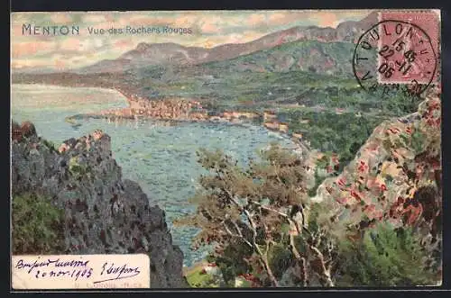 Künstler-AK Menton, Vue des Rochers Rouges