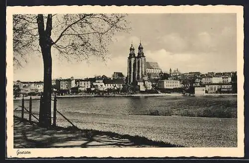 AK Gnesen, Uferpartie mit Kirche