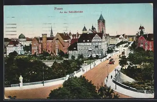 AK Posen / Poznan, An der Schlossbrücke, Strassenbahn