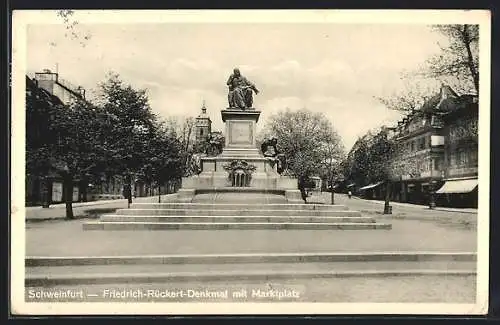 AK Schweinfurt, Friedrich-Rückert-Denkmal mit Marktplatz