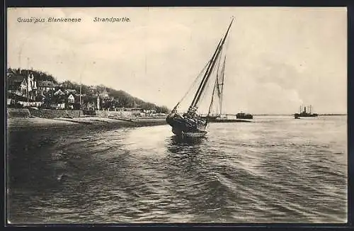 AK Hamburg-Blankenese, Strandpartie mit Segelboot