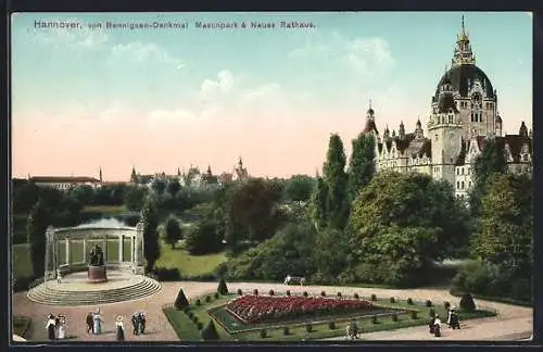 AK Hannover, Neues Rathaus im Maschpark mit von Bennigsen-Denkmal