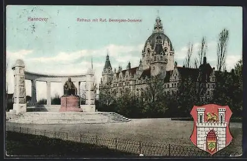 AK Hannover, Rathaus mit Rud. Bennigsen-Denkmal, Wappen