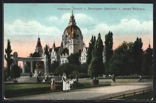 AK Hannover, Rudolf v. Bennigsen Denkmal und neues Rathaus