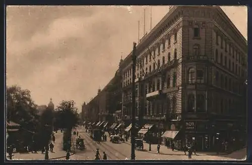 AK Hannover, Georgstrasse mit Geschäften und Strassenbahn