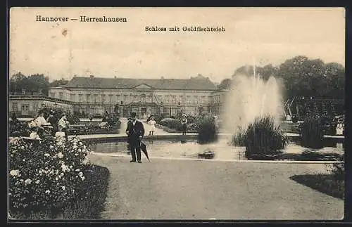 AK Hannover-Herrenhausen, Schloss mit Goldfischteich