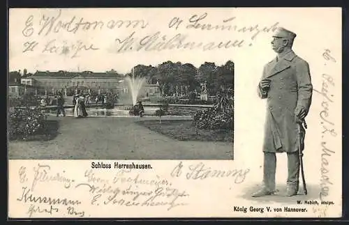 AK Herrenhausen, Schloss mit Fontäne, König Georg V. von Hannover