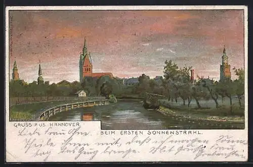 Lithographie Hannover, Stadtansicht bei Sonnenaufgang um 1900