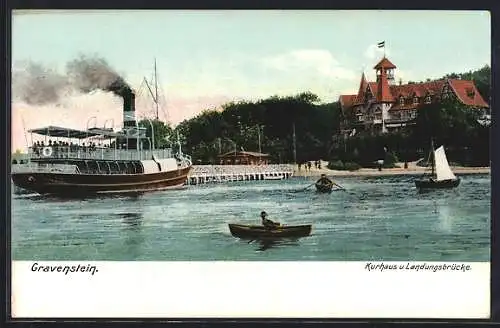 AK Gravenstein, Kurhaus u. Landungsbrücke, Dampfer, Segelboot, Ruderboote