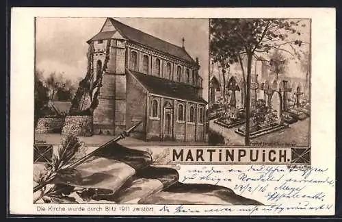 Künstler-AK Martinpuich, Kirche 1911 durch Blitz zerstört, Friedhof für gefallene Helden