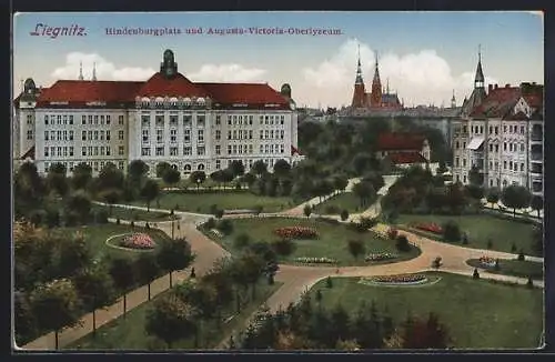 AK Liegnitz, Hindenburgplatz und Auguste Viktoria-Oberlyzeum