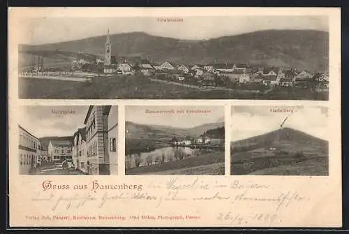 AK Hauzenberg / Niederbayern, Totalansicht, Marktplatz, Staffelberg, Hammerwerk mit Fremdensee