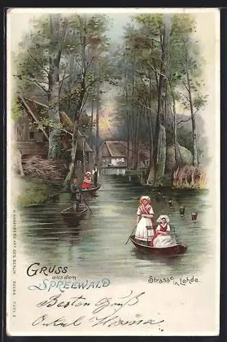 Lithographie Lehde / Spreewald, Spreewald-Kahnpartie