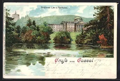 Lithographie Kassel, Schloss Lac und Herkules