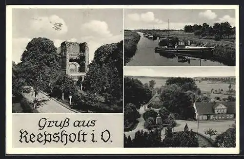 AK Reepsholt, Ruine, Wasserpartie mit Boote, Teilansicht