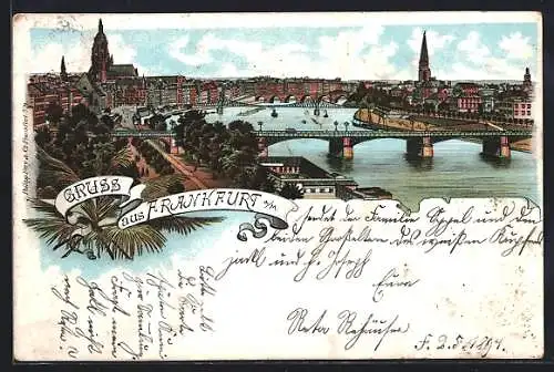 Lithographie Frankfurt, Gesamtansicht mit Mainbrücken, Strassenpartie und Dom