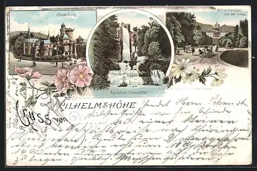 Lithographie Wilhelmshöhe, Löwenburg, Aquaduct Wasserfall, Fernansicht von der Allee