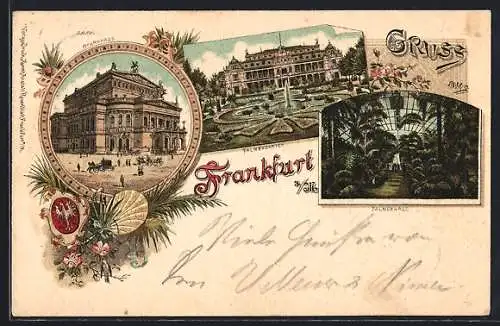 Lithographie Frankfurt a. M., Restaurant Palmengarten, Palmenhaus, Opernhaus