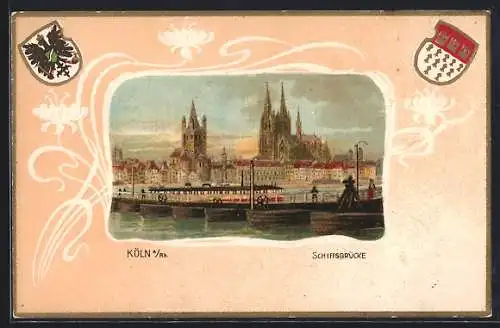 Passepartout-Lithographie Köln a. Rh., Schiffsbrücke und Kirche, Wappen