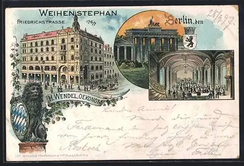 Lithographie Berlin, Gasthaus Brauerei Weihenstephan, Friedrichstrasse 176-77, Innenansicht, Brandenburger Tor