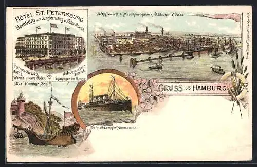 Lithographie Hamburg-Steinwerder, Hotel St. Petersbrug, Werft & Maschinenfabrik J. Blohm & Voss