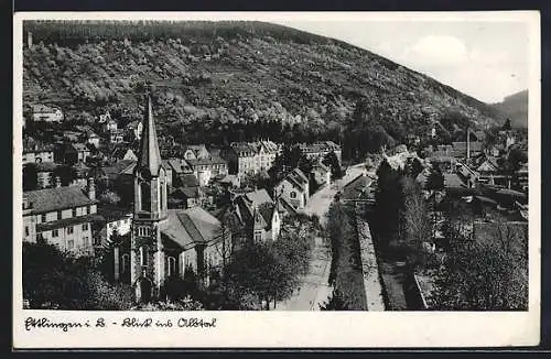 AK Ettlingen i. B., Strassenpartie mit Kirche im Albtal