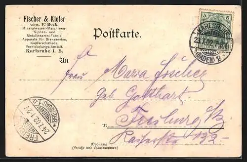 AK Karlsruhe i. B., Metallwaren-Fabrik Fischer & Kiefer vorm. F. Bock