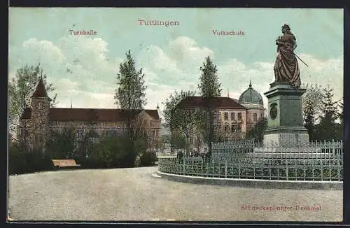 AK Tuttlingen, Partie am Schneckenburger Denkmal mit Turnhalle und Volksschule