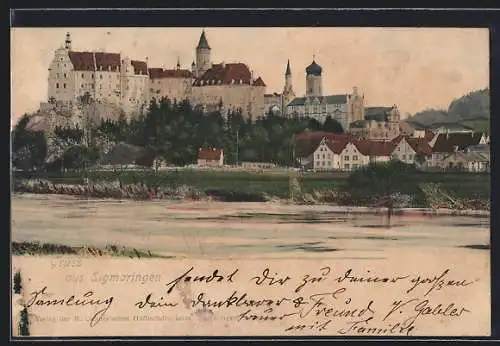 AK Sigmaringen, Blick vom Flussufer auf das Schloss