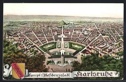 AK Karlsruhe, Blick über das Schloss auf die gesamte Stadt