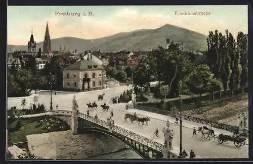 AK Freiburg i. B., Friedrichsbrücke, Im Hintergrund Kirche