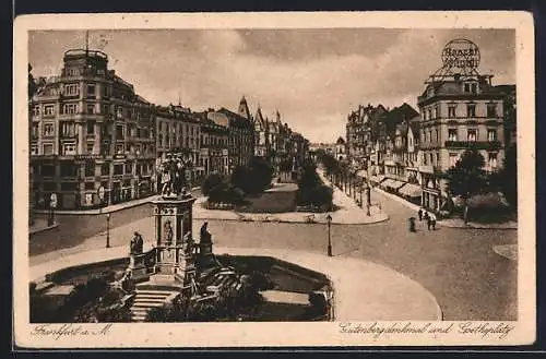 AK Frankfurt a. M., Goetheplatz mit Geschäften und Gutenbergdenkmal