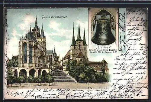 Lithographie Erfurt, Dom und Severikirche und Glocke Gloriosa