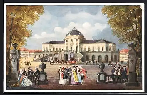 Künstler-AK Stuttgart, Schloss Solitude, Passanten auf dem Vorplatz