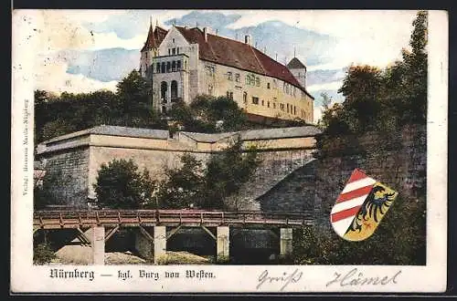 AK Nürnberg, Königliche Burg von Westen und Wappen