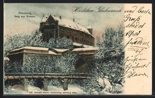 AK Nürnberg, Burg von Westen im Winter, Glückwunsch