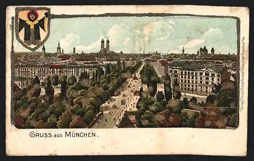 Lithographie München, Strassenpartie aus der Vogelschau