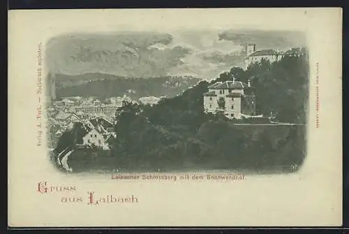 Mondschein-AK Laibach, Laibacher Schlossberg mit dem Sonnwendhof