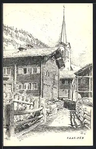 Künstler-AK Saas-Fee, Weg mit Ortspartie und Kirche