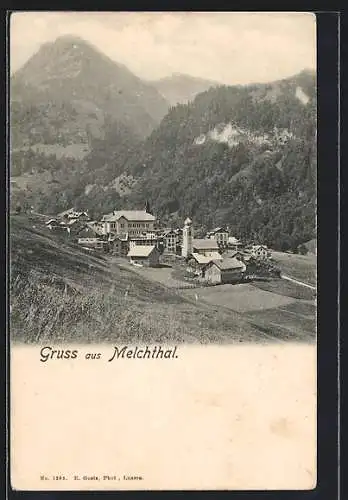 AK Melchthal, Ortsansicht mit Kirche und Gebirge