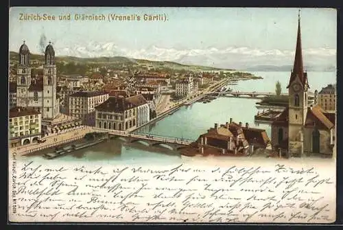 Lithographie Künzli No. 5014: Zürich-See und Glärnisch, Vreneli`s Gärtli, Berg mit Gesicht / Berggesichter