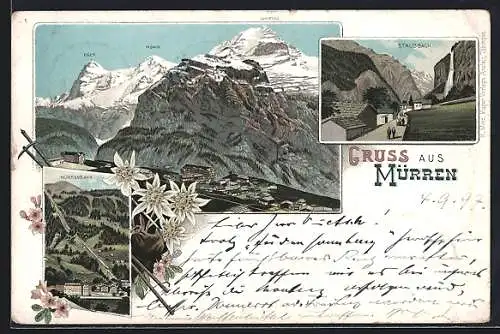 Lithographie Mürren, Mürrenbahn, Staubbach, Eiger, Mönch und Jungfrau