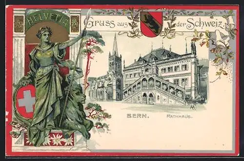 Lithographie Bern, Das Rathaus, Passepartout mit der Helvetia und dem Stadtwappen