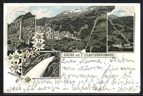 Lithographie Lauterbrunnen, Staubbach, Trümmelbachfall, Mürrenbahn