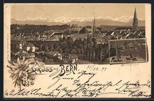 Lithographie Bern, Bärengraben, Gesamtansicht mit Bergpanorama