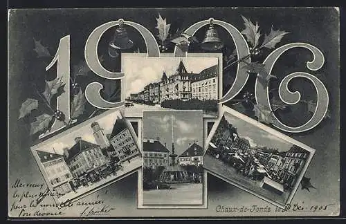 AK Chaux-de-Fonds, Brunnen, Strassenpartie, Markt, Jahreszahl 1906