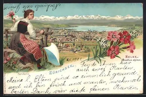 Lithographie Zürich, Teilansicht mit Zürichsee, Nelke, Dianthus alpinus, Zürcherin mit Wappen