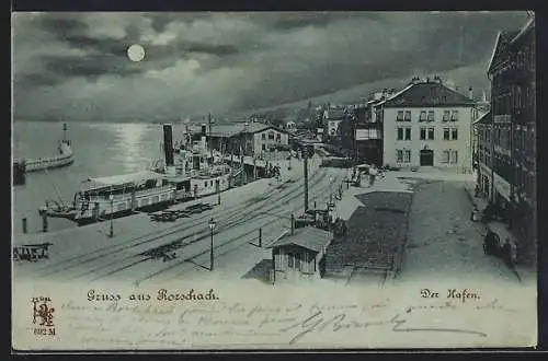 Mondschein-AK Rorschach, Blick auf den Hafen