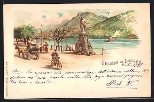 Lithographie Lugano, Uferpromenade mit Postkutsche & Fahrradfahrer